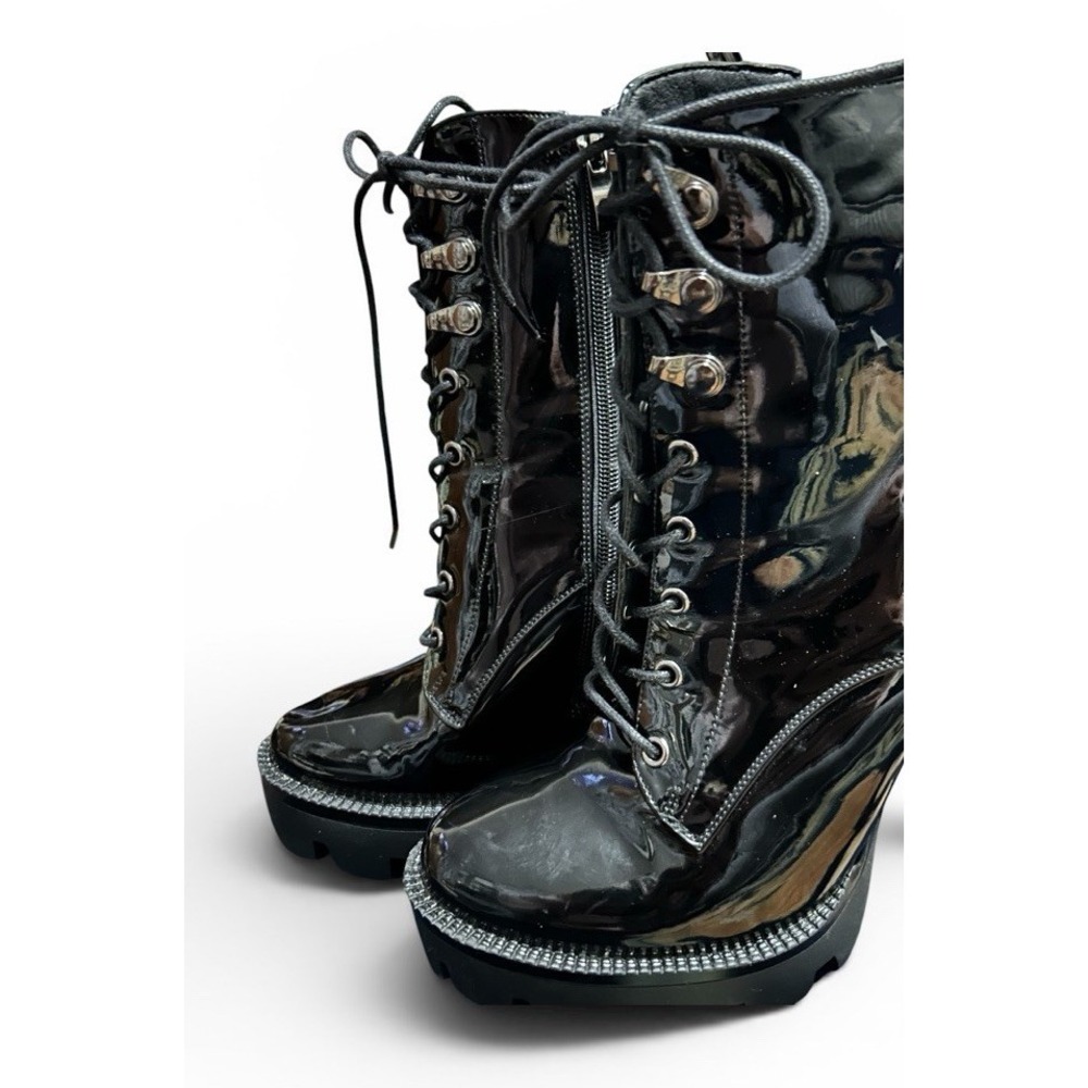 WETKISS Black Patent Leather Platform Boots Chunk Heel Punk Goth Lace Up SZ 8/38 - Picture 4 of 8